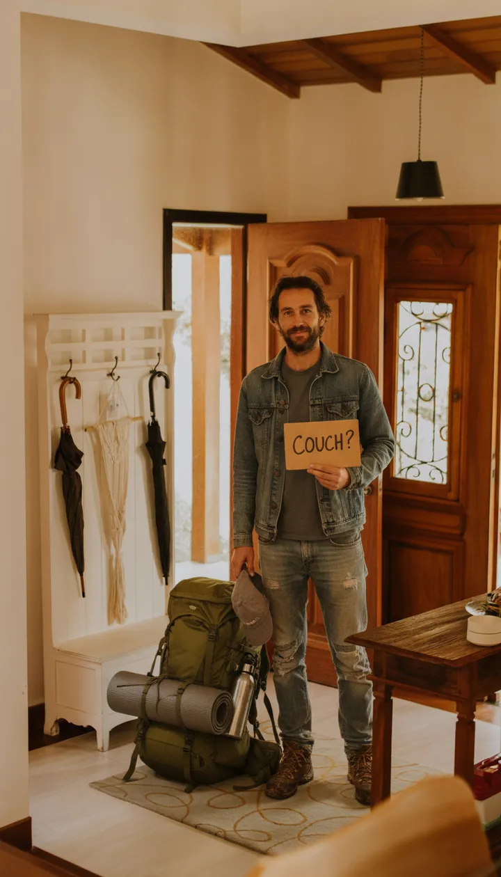 Prank photo sent with the text: dad a hitchhiker is at the door asking for a couch